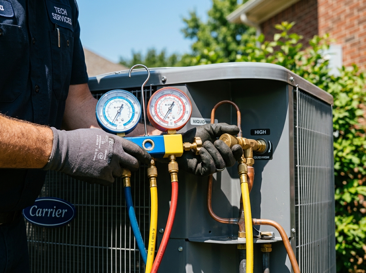 Technician checking refrigerant gauges on a Carrier AC condenser