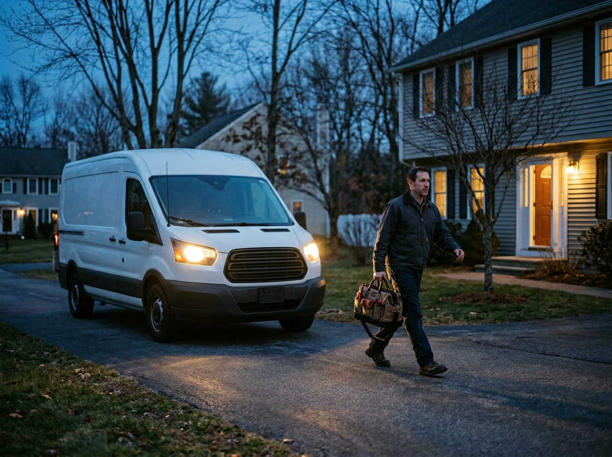 Apex Comfort technician arriving by van at a home at dusk