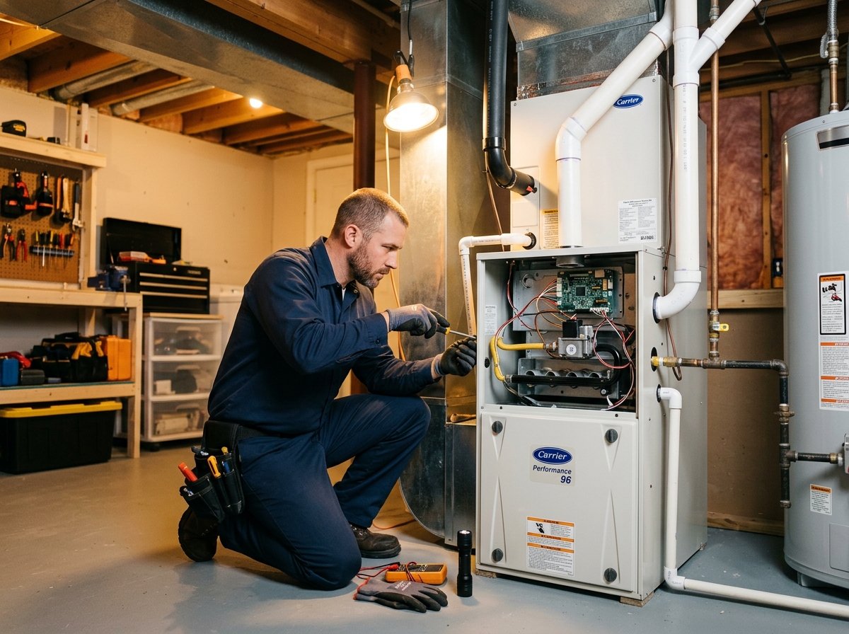Technician servicing an open Carrier furnace in a basement