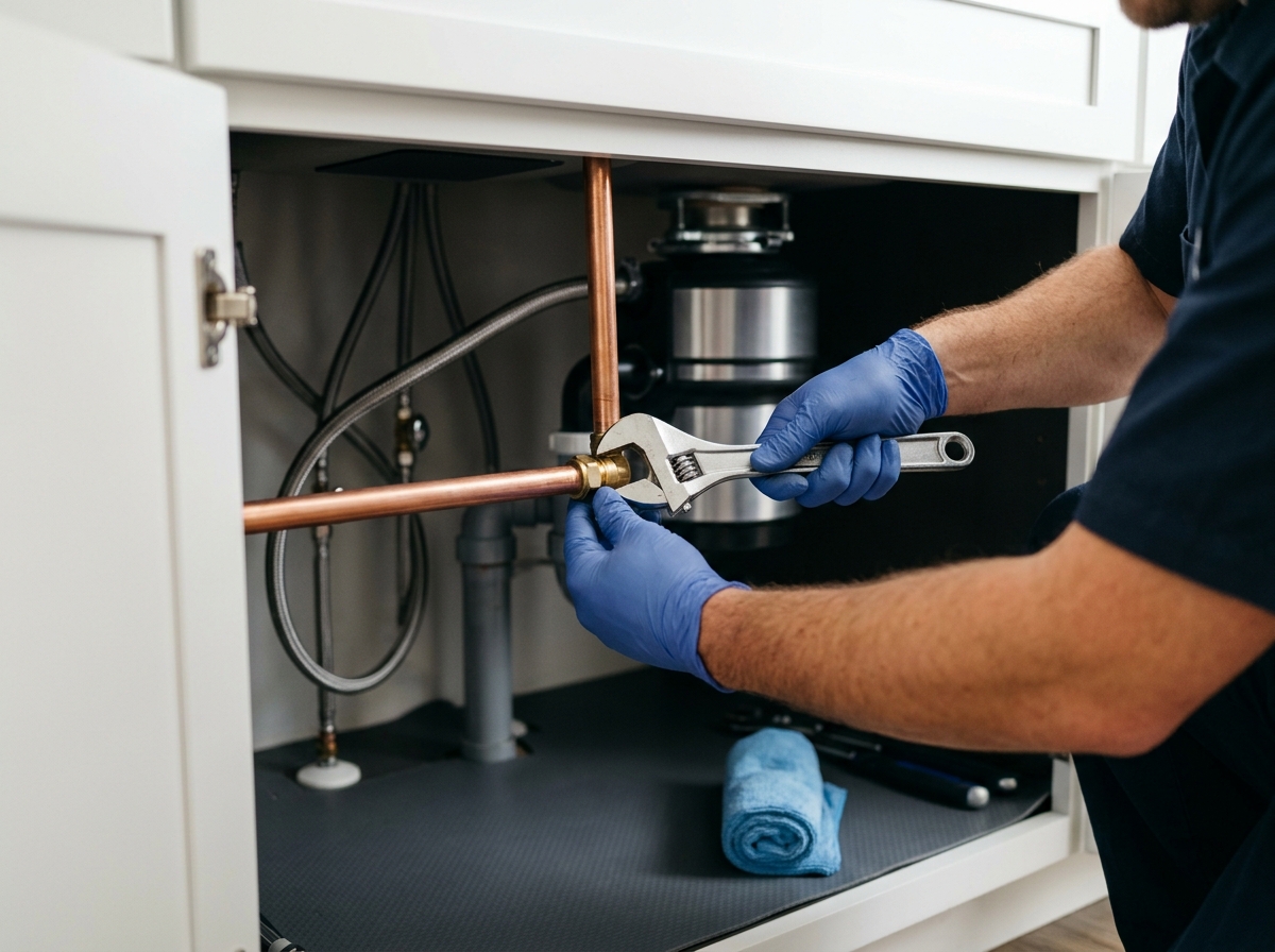 Plumber tightening a copper supply line under a kitchen sink